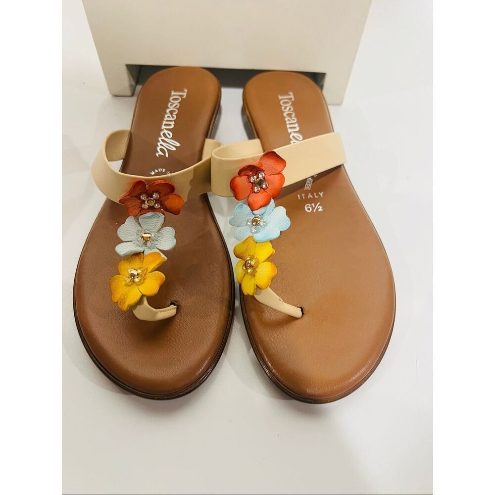 Toscanella Nana Cream Flip Flop Sandals Red Blue Yellow Flower Crystal Gemstone